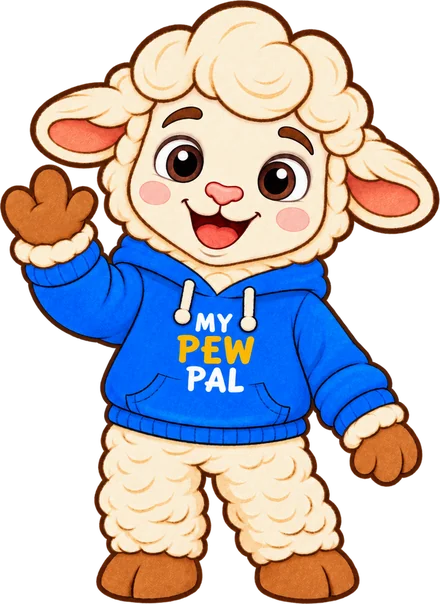 Levi the lamb from My Pew Pal, waving in a blue hoodie