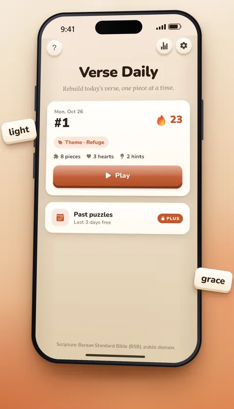 Verse Daily's home screen with today's puzzle and a 23-day streak